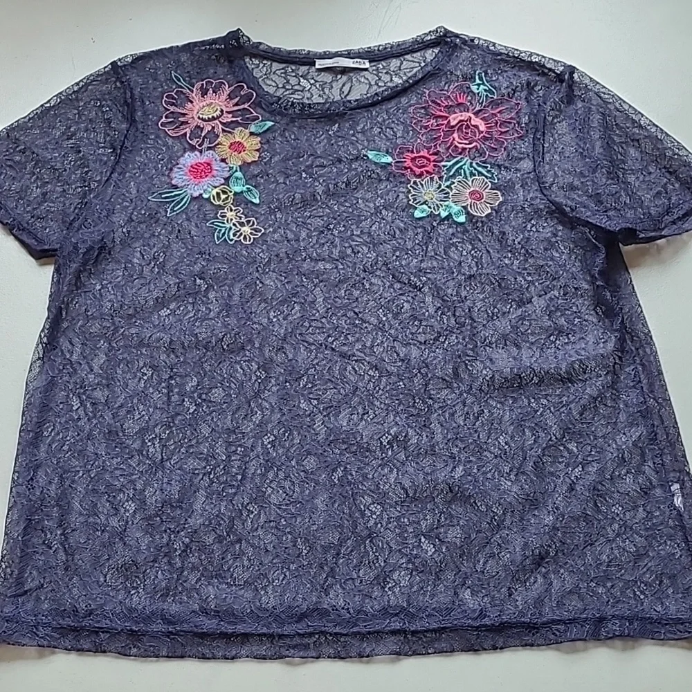 M Zara Sheer Embroidered Floral Lace Top Navy Blue - Picture 3 of 8